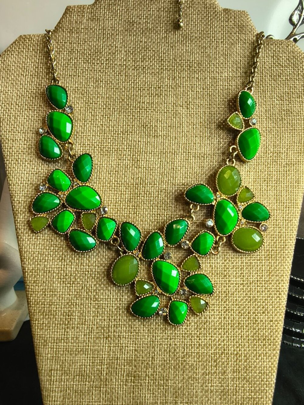 Gold Tone Green Lucite Statement Necklace